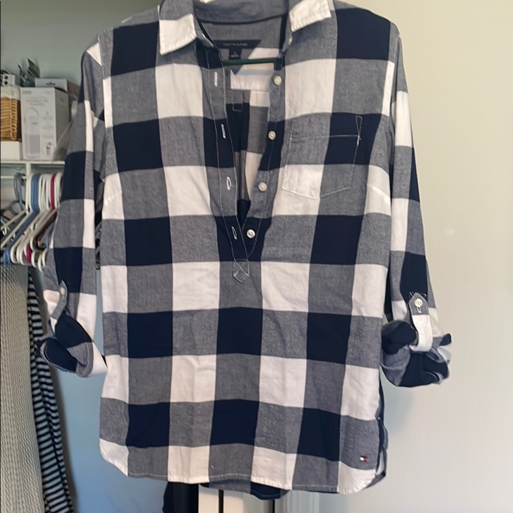 Tommy Hilfiger Blue and Cream Boxy Button Down Flannel Top